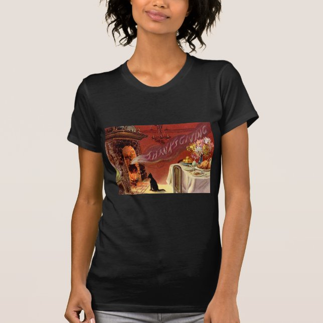 T-shirt Dîner de Thanksgiving Chat Noir Cheminée Dinde (Devant)