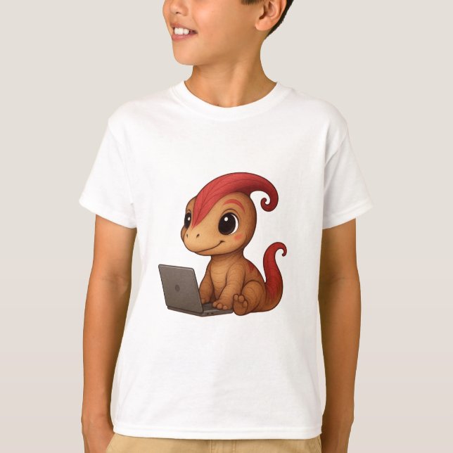 T-shirt Dino Kids Shirt – Dino Kammli am Laptop (Devant)