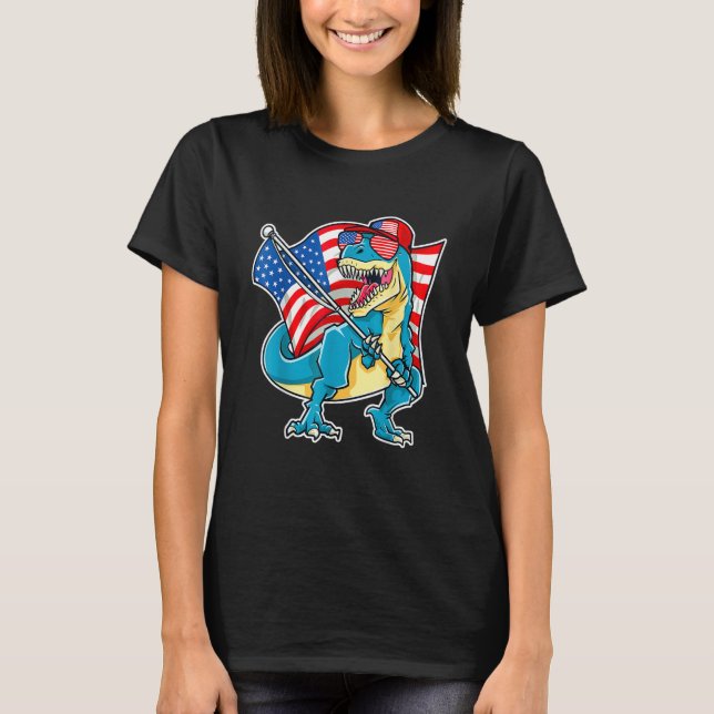 T-shirt Dinosaur 4th Of July Boys Rex American Flag USA (Devant)