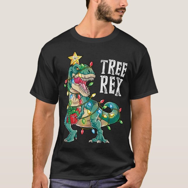 T-shirt Dinosaur Arbre de Noël Rex Pyjamas de Noël Lumière (Devant)