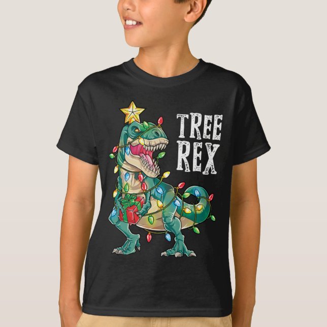 T-shirt Dinosaur Arbre de Noël Rex Pyjamas de Noël Lumière (Devant)