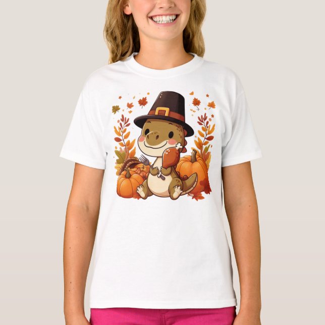 T-shirt Dinosaur de Thanksgiving mignon (Devant)