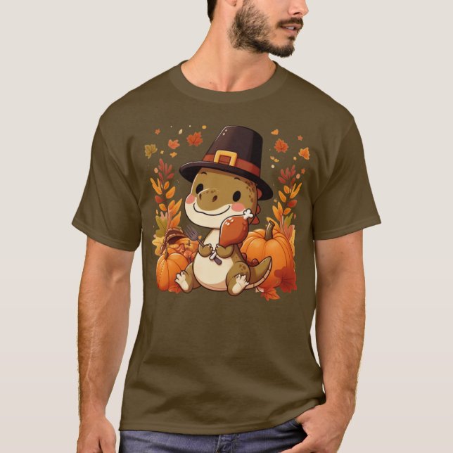 T-shirt Dinosaur de Thanksgiving mignon (Devant)