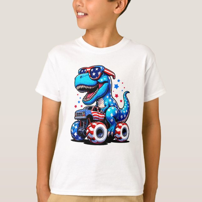 T-shirt Dinosaur équitation Drapeau américain Camion 4 jui (Devant)