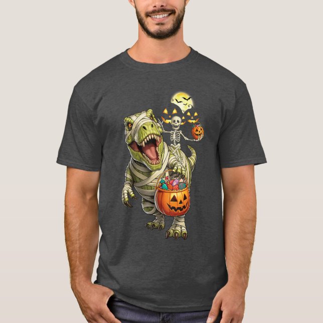 T-shirt Dinosaur Halloween Skeleton Riding Mummy T Rex Cos (Devant)