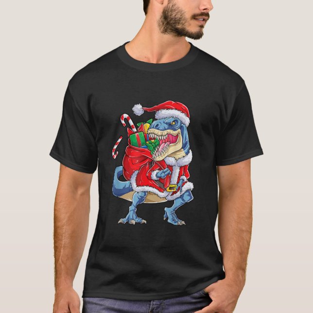 T-shirt Dinosaur Noël Père Noël T Rex Garçons Hommes Funn (Devant)
