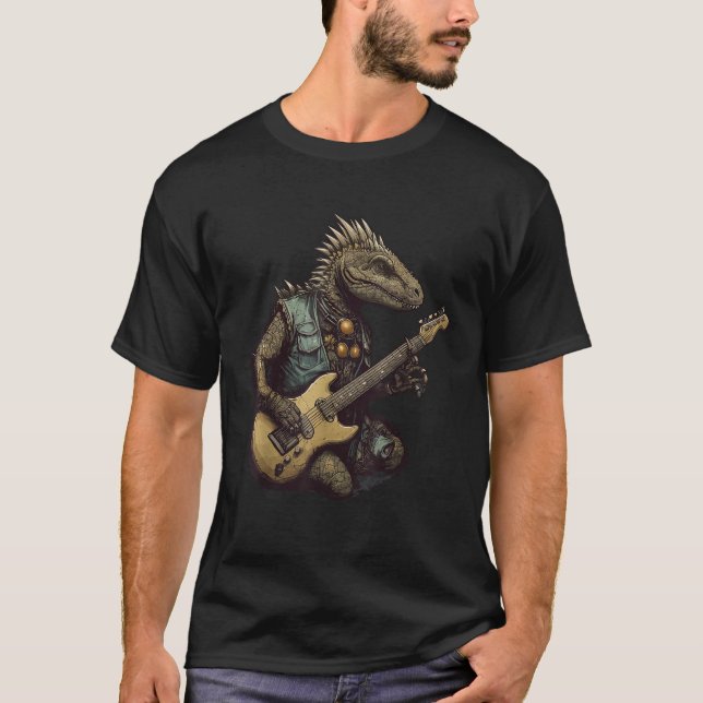 T-shirt Dinosaur Punk Dino Drôle Velociraptor Jouer Guit (Devant)