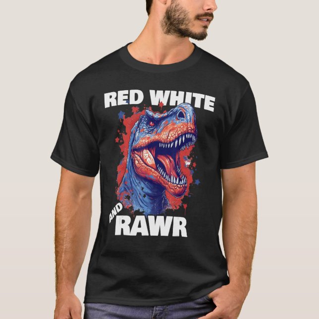 T-shirt Dinosaur Red White Rawr American Flag 4th of July  (Devant)