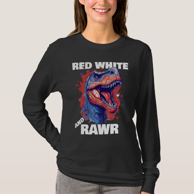 T-shirt Dinosaur Red White Rawr American Flag 4th of July  (Devant)