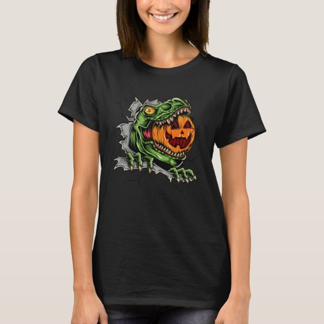 T-shirt Dinosaur Rex Eat Pumpkin Scary Halloween (Devant)
