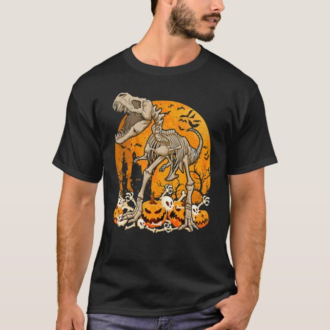 T-shirt Dinosaur rex Skeleton Pumpkin With Moon Halloween  (Devant)