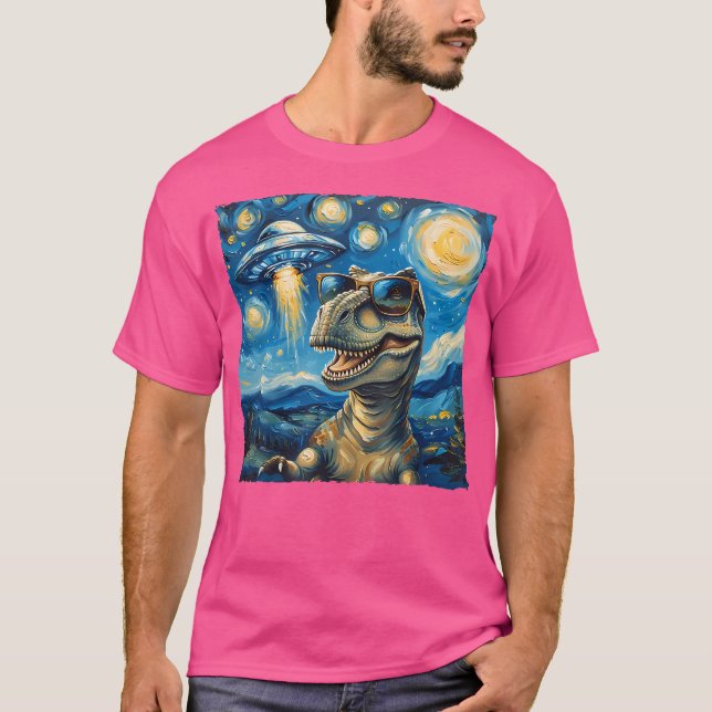 T-shirt Dinosaur Selfie Van Gogh Style Starry Alien de nui (Devant)