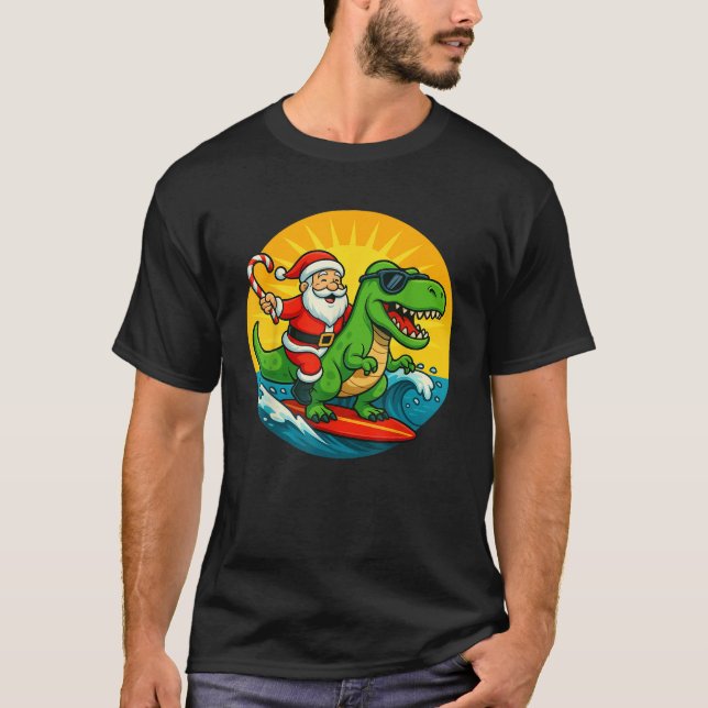 T-shirt Dinosaur Surfs with Santa Kids Christmas in July H (Devant)