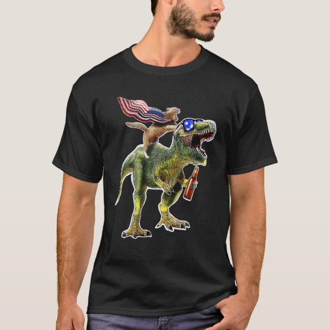 T-shirt Dinosaur T Rex Bière Chat 4 juillet Drapeau Améric (Devant)