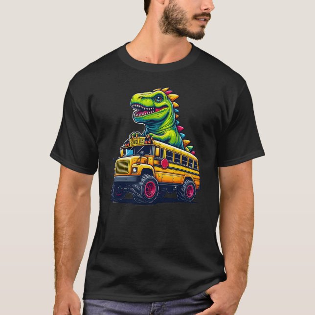 T-shirt Dinosaur T-rex On Monster Truck School Bus Driver  (Devant)