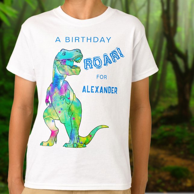 T-shirt Dinosaur T-Rex Personnalisé Garçons Anniversaire F (Personalized boys dinosaur T-Rex roar birthday party T-shirt Colorful dino modern blue typography )