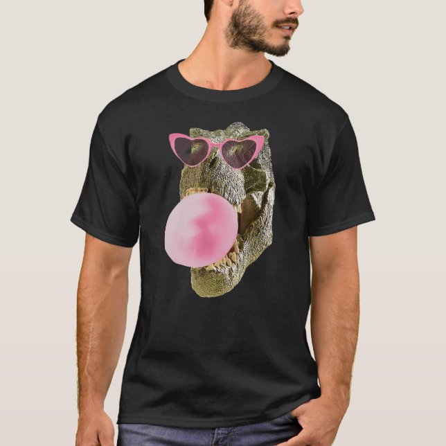 T-shirt Dinosaur T-Rex Pink Bubble Gum Heart Sunglasses (Devant)