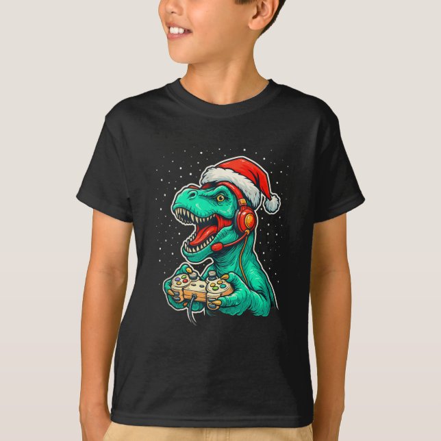 T-shirt Dinosaur T Rex Playing Video Game Santa Hat Christ (Devant)