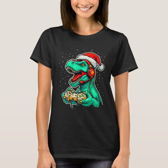 T-shirt Dinosaur T Rex Playing Video Game Santa Hat Christ (Devant)