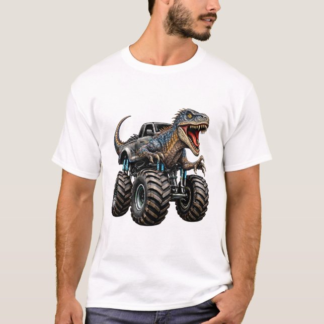 T-shirt Dinosaur Velociraptor Monster Truck (Devant)