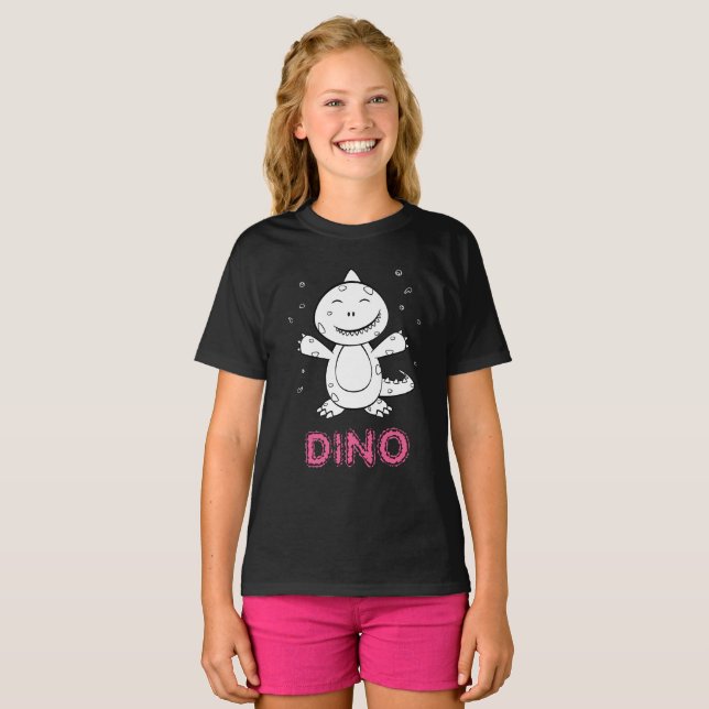 T-shirt Dinosaure - Animal esquissé - Noir, Blanc & Rose (Devant entier)