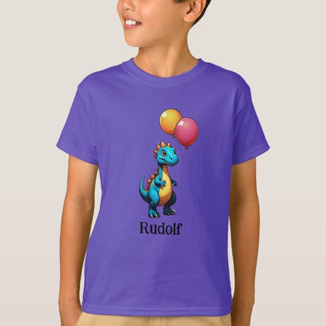 T-shirt dinosaure bleu avec ballons (Devant)