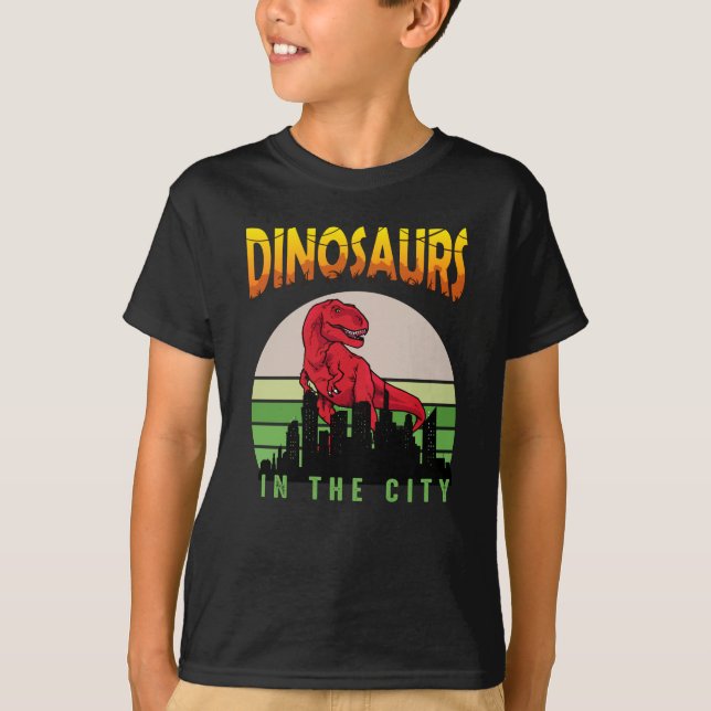 T-shirt Dinosaure dans la ville | Design de dinosaure (Devant)