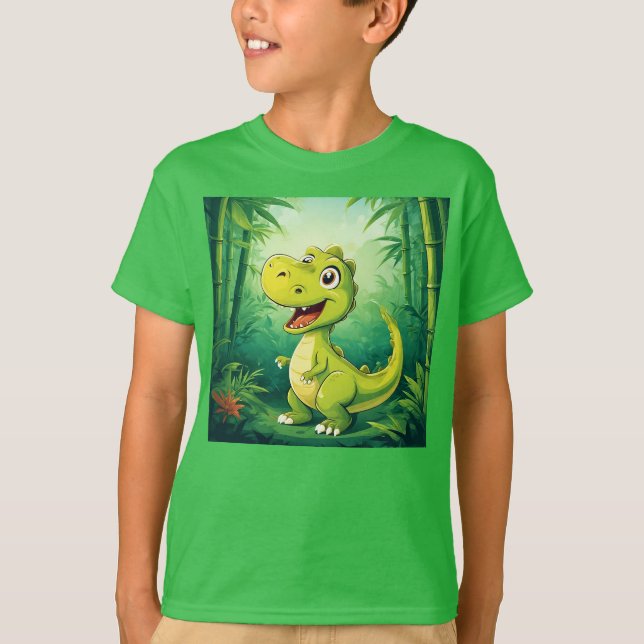 T-shirt Dinosaure de dessin adorable dans la jungle verte  (Devant)