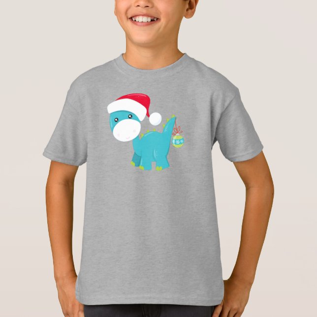 T-shirt Dinosaure de Noël, Santa Hat, Dino, Brontosaurus (Devant)