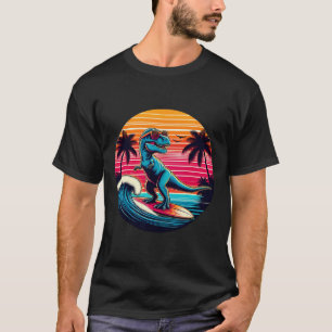 T-shirt Dinosaure drôle surfant sur le coucher de soleil r