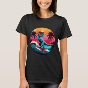 T-shirt Dinosaure drôle surfant sur le coucher de soleil r