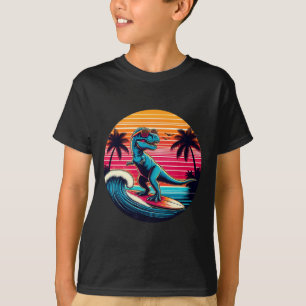 T-shirt Dinosaure drôle surfant sur le coucher de soleil r
