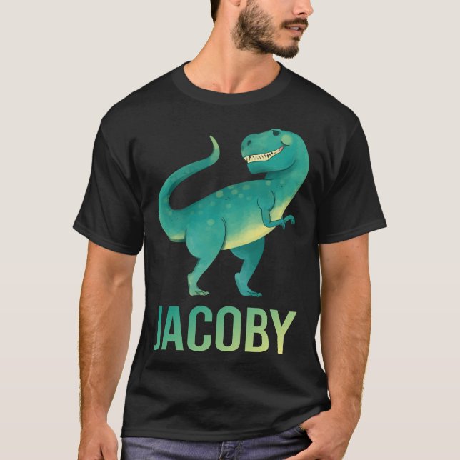 T-shirt Dinosaure Heureux - Nom Jacoby (Devant)