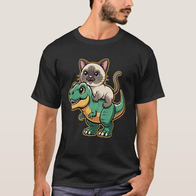 T-shirt Dinosaure mignon avec chat siamois (Devant)