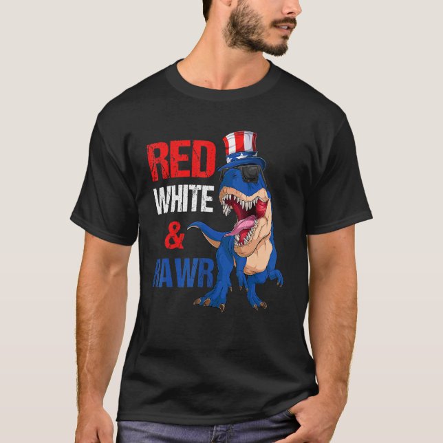 T-shirt Dinosaure Rex Drapeau Américain Rouge Blanc & Rawr (Devant)