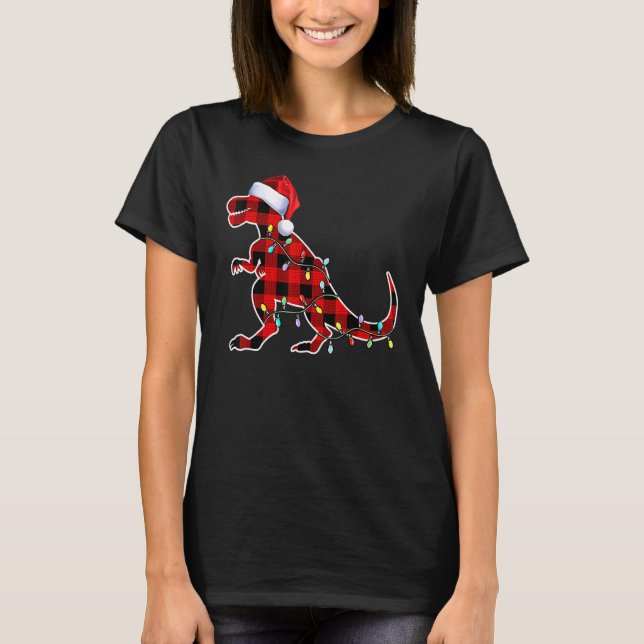 T-shirt Dinosaure Rouge Rex lumières de Noël Arbre PJ (Devant)