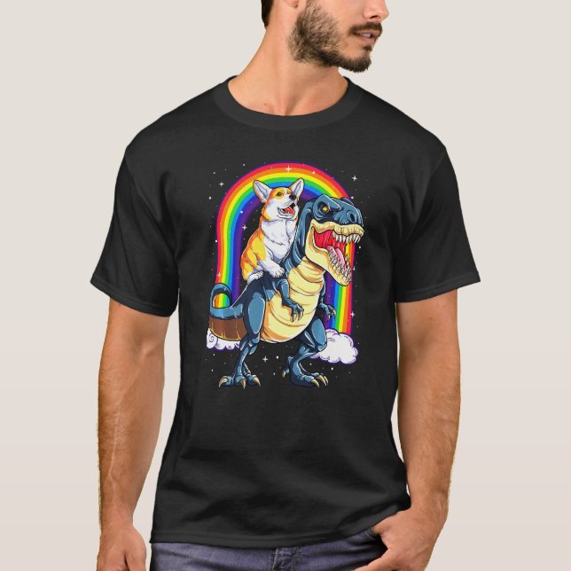 T-shirt Dinosaure T Rex Space Galaxy Rainbow Corgi (Devant)