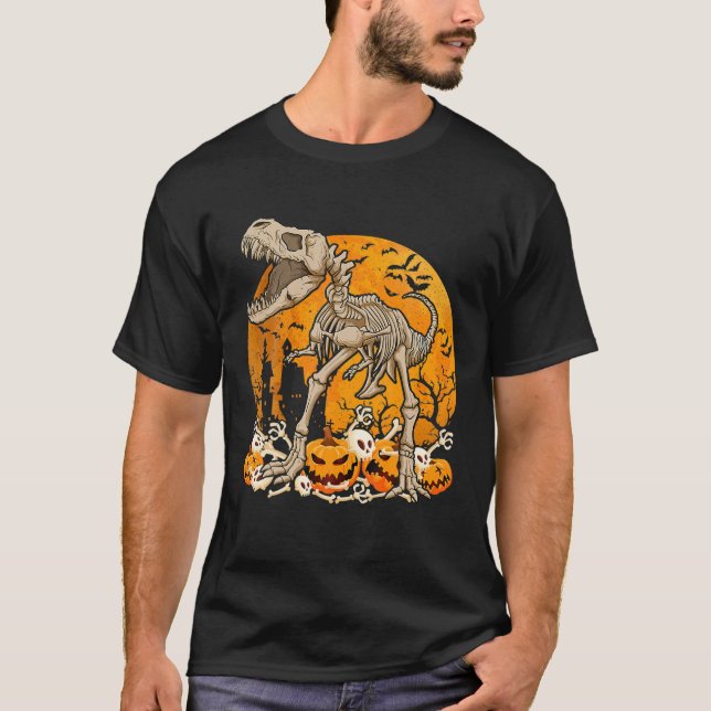 T-shirt Dinosaure T Rex Squelette Citrouille Avec Hallowee (Devant)