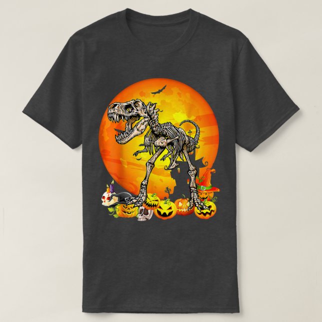 T-shirt Dinosaure T Rex Squelette Citrouille Avec Hallowee (Design devant)