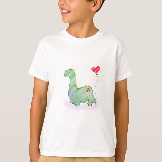 T-shirt Dinosaure vert mignon avec ballon de coeur | (Devant)