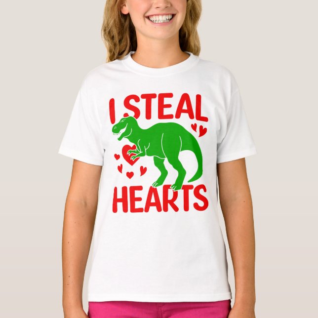 T-shirt Dinosaure Vert Valentine I Voler Coeurs (Devant)