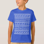 T-shirt Dinosaures et Dreidels (enfants)<br><div class="desc">Voulez se tenir de la foule laide de chandail de Noël ?  Les dinosaures et les dreidels deux sont-ils de vos choses préférées ? Le puits ici est la chemise de Hanoukka pour vous… Cette conception est incluse dans a knit-comme le motif pour un contact authentique.</div>