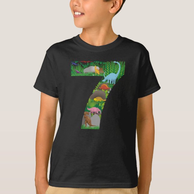 T-shirt Dinosaurs Jungle Scene seventh Birthday no. seven (Devant)