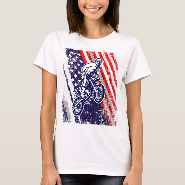 T-shirt Dirt Bike American Flag Motocross Biker 4 Juil (Devant)