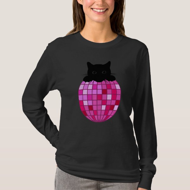 T-shirt Disco Ball Hot rose noir Chat Disco Chat (Devant)