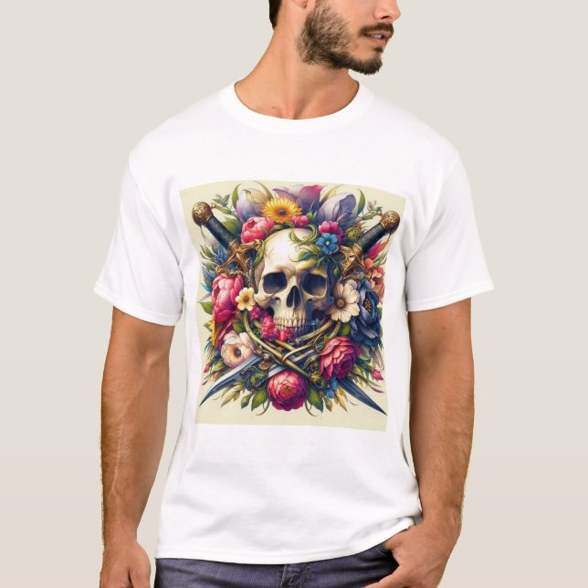 T-shirt Diseño de Calaveras, Flores y Espadas  (Devant)
