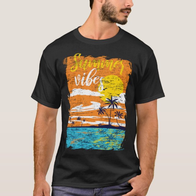 T-shirt Distressed Summer Vibes Retro Sunset Beach Palm Tr (Devant)