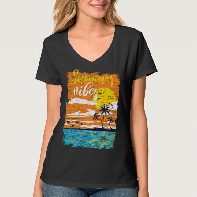 T-shirt Distressed Summer Vibes Retro Sunset Beach Palm Tr (Devant)