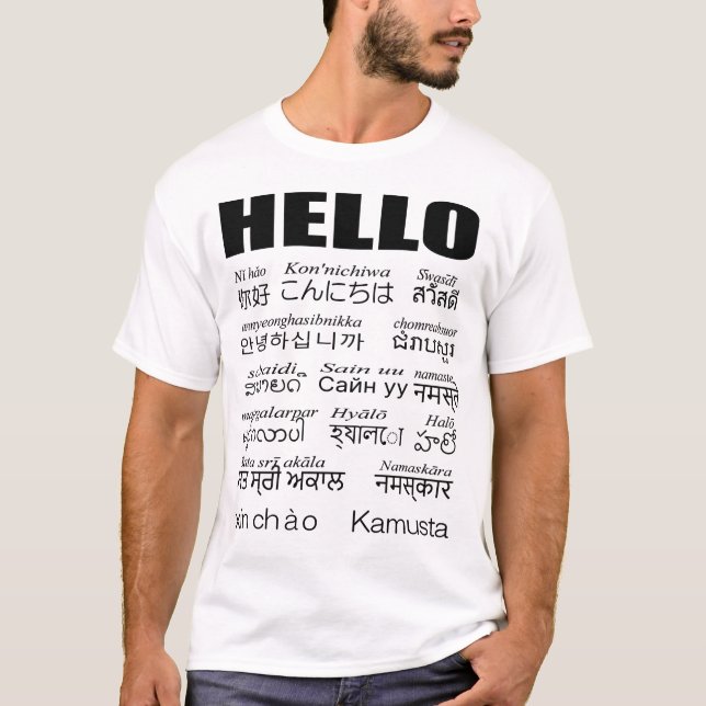 T-shirt Dites bonjour dans 15 langues asiatiques.   (Devant)