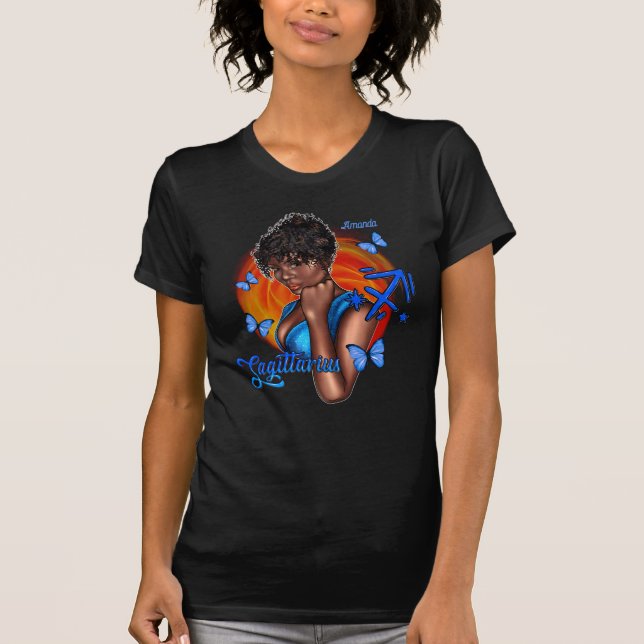 T-shirt Diva Sagittaire Noir Audacieuse avec un Esprit Ave (Devant)